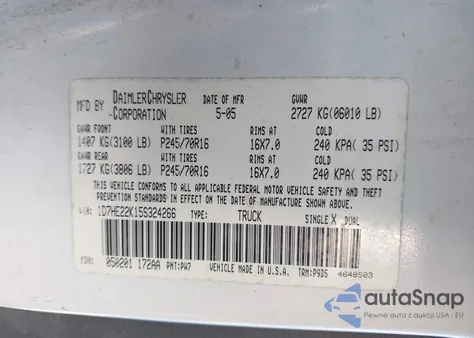 2005 Dodge Dakota St z USA, uszkodzony, nr VIN 1D7HE22K15S324266